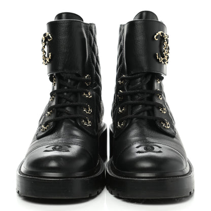 Chanel Shiny Goatskin Calfskin Quilted Lace Up Combat Boots 39 Black 2 of 10