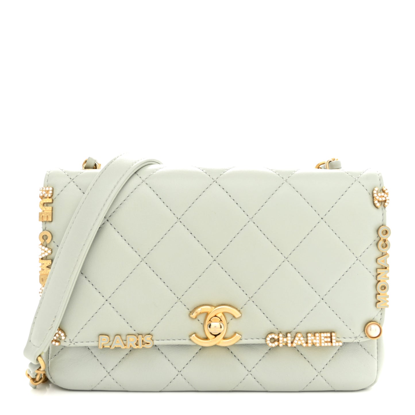 Lambskin Enamel Strass Quilted Mini Paris Monaco Flap Light Grey