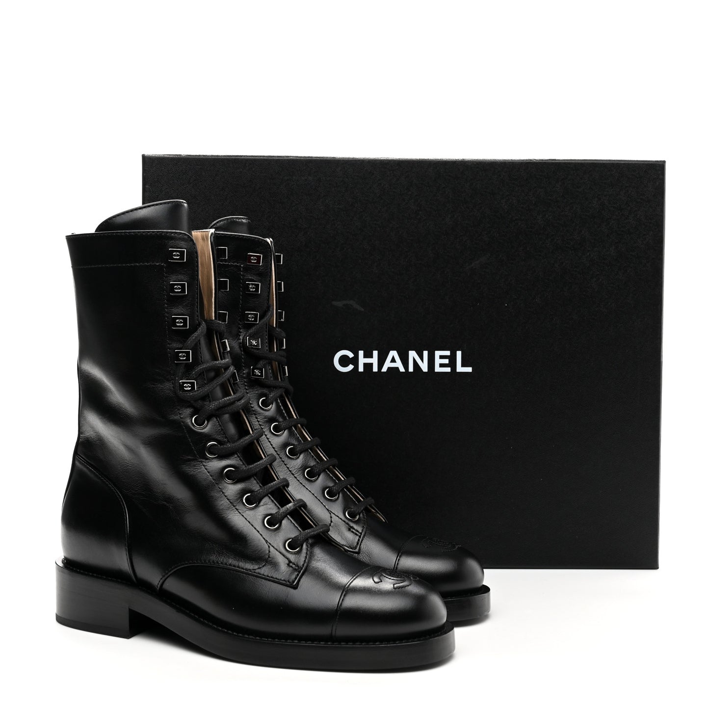 Calfskin Lace Up Combat Boots 37.5 Black
