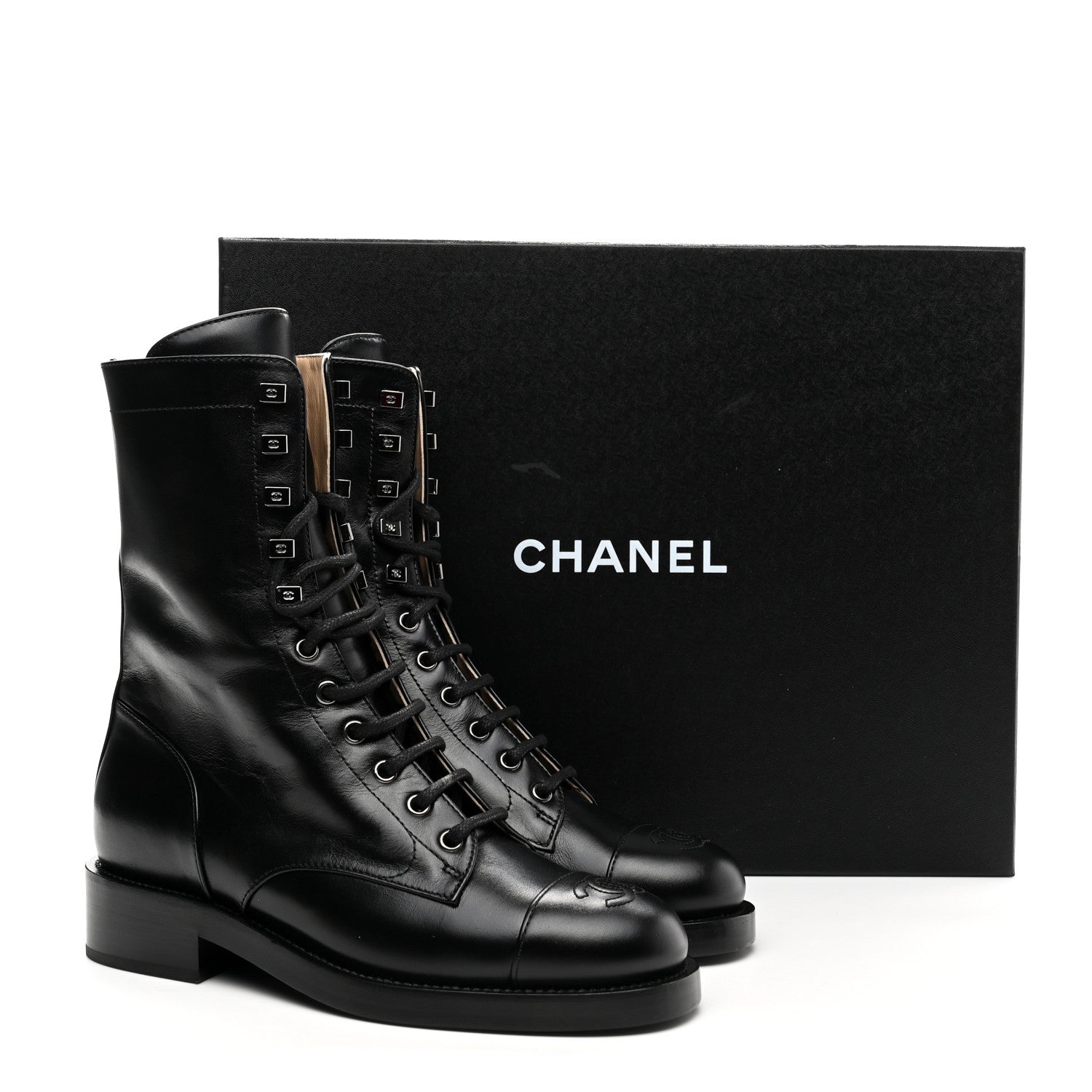 Chanel Calfskin Lace Up Combat Boots 37.5 Black 9 of 9