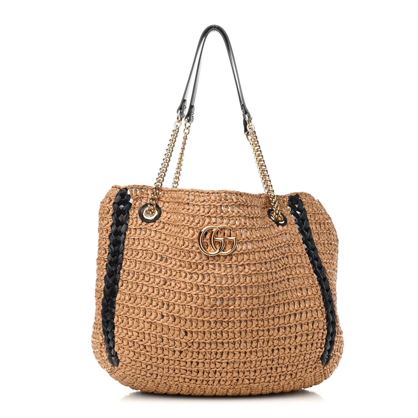Raffia Effect Large GG Marmont Shoulder Tote Bag Natural Black
