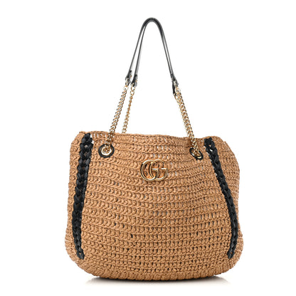 Gucci Raffia Effect Large GG Marmont Shoulder Tote Bag Natural Black 1 of 9