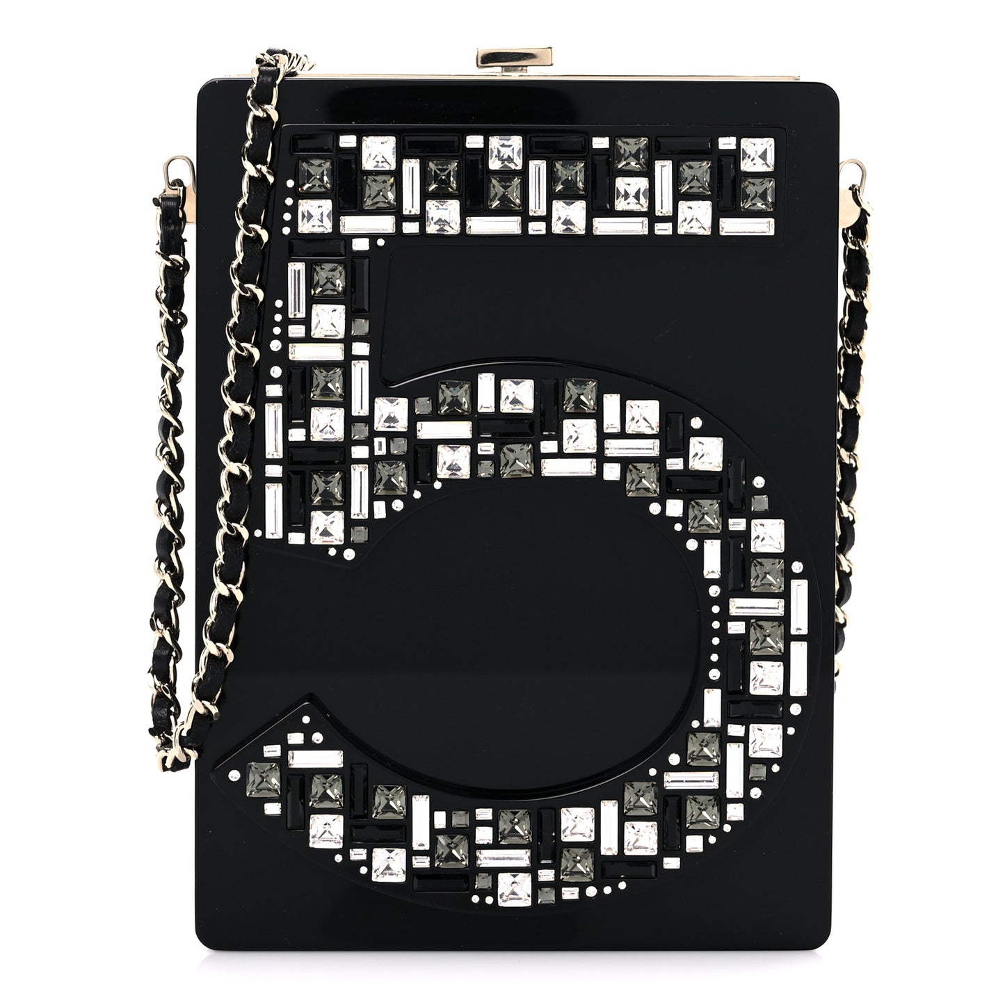 Plexiglass Strass Mosaic No 5 Minaudière Clutch Black
