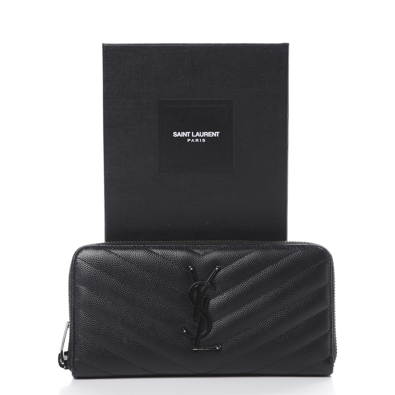 Saint Laurent Grain De Poudre Matelasse Chevron Monogram Zip Around Wallet Black 10 of 10