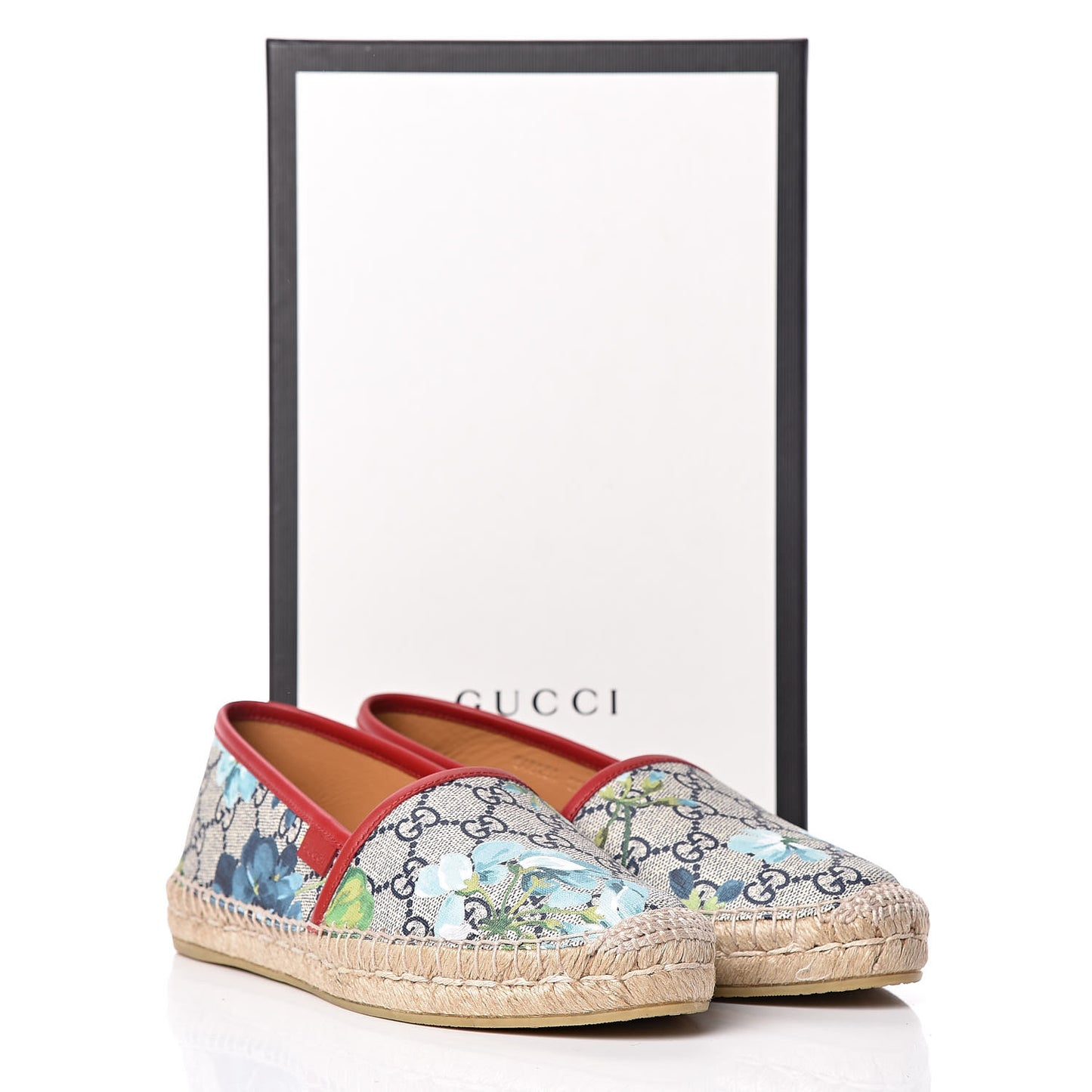 GG Supreme Monogram Blooms Espadrilles 38.5 Beige Blue Navy Hibiscus Red
