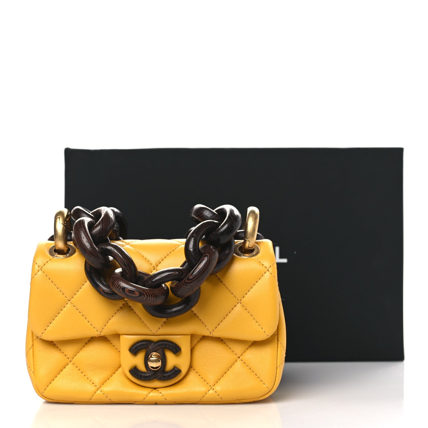 Chanel Lambskin Wenge Quilted Mini Fashion Wood Square Flap Yellow