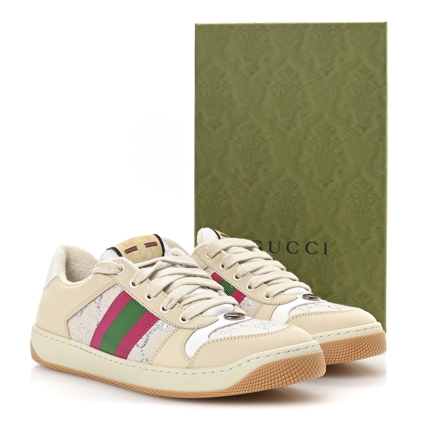 Calfskin Lame GG Monogram Web Womens Screener Sneakers 39.5 Gardenia Silver Dusty Milk White