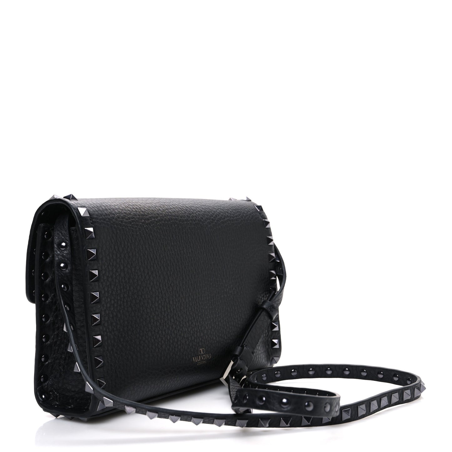 Pebbled Calfskin Monochrome Medium Rockstud Flip Lock Crossbody Bag Black