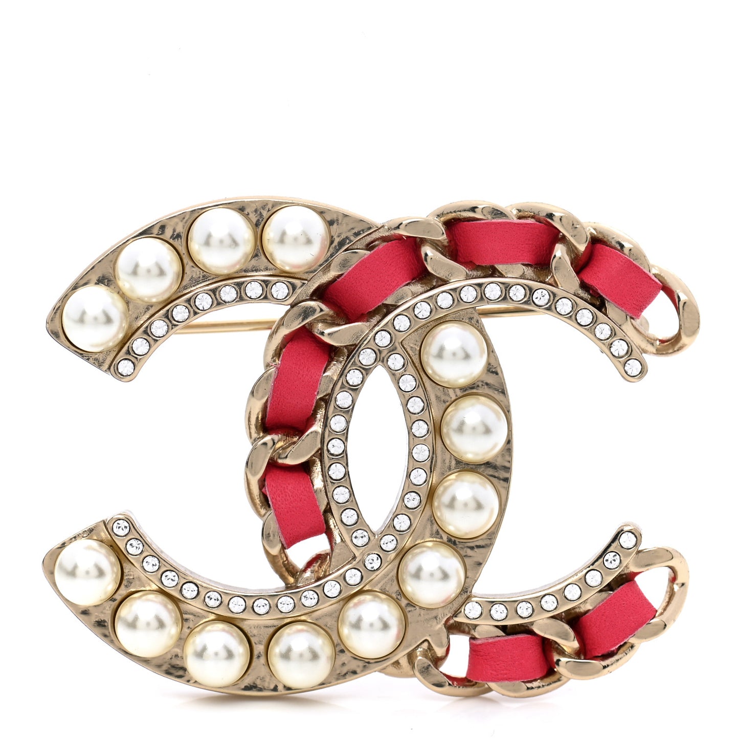 Lambskin Pearl Crystal CC Chain Brooch Pink Gold