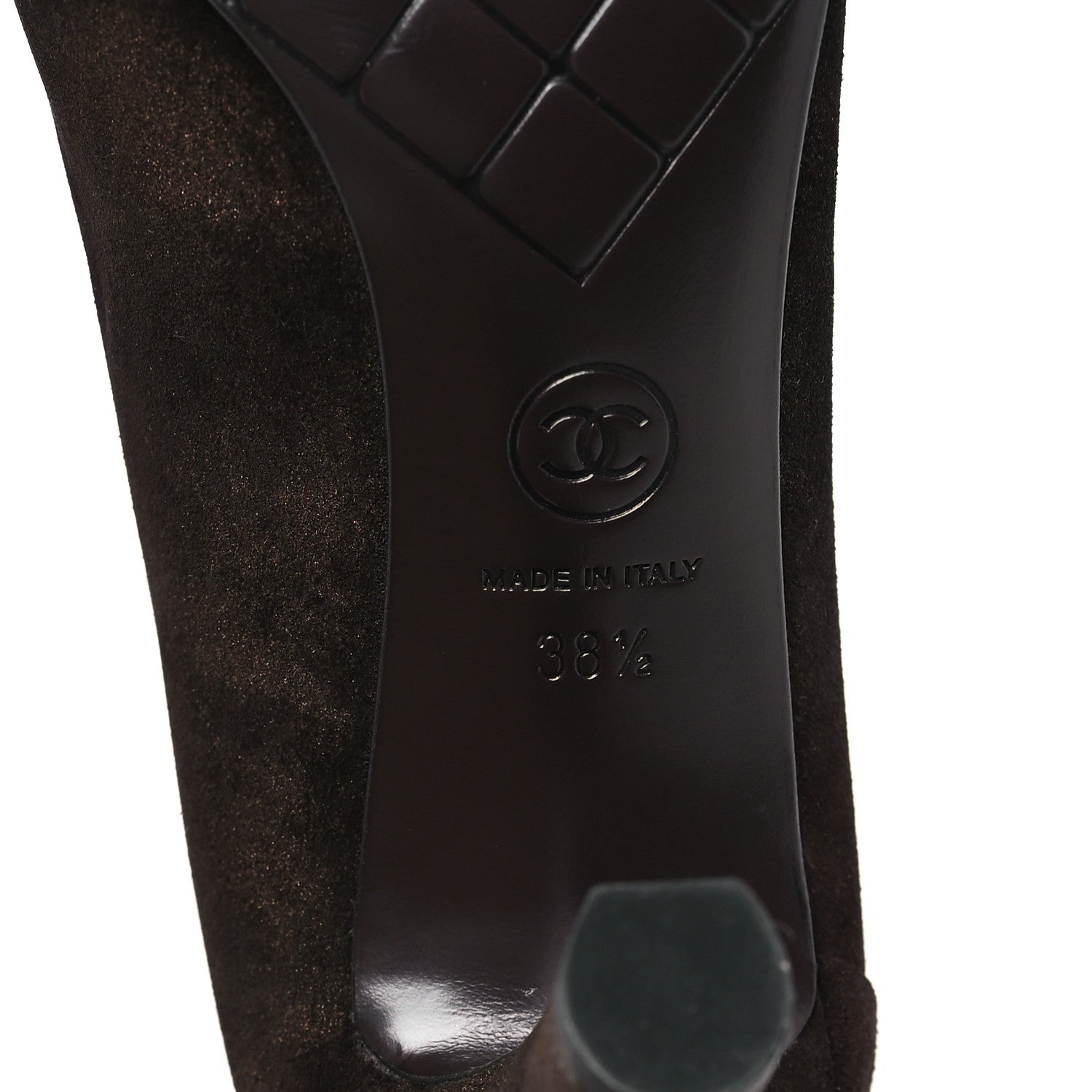 Chanel Coated Suede CC Cap Toe Pumps 38.5 Black Brown 7 of 9