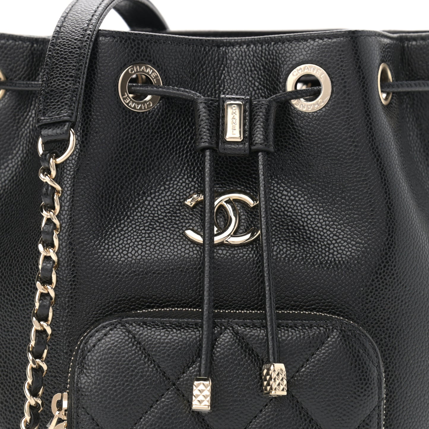 Caviar Quilted CC Pocket Bucket Bag Black