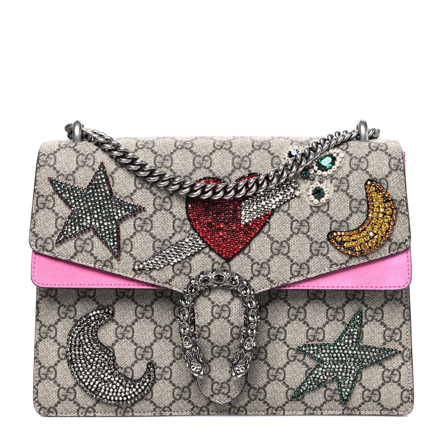 Gucci GG Supreme Monogram Suede Pierced Heart Embroidered Medium Dionysus Shoulder Bag Beige Ebony Pink Tropical Flower 1 of 12