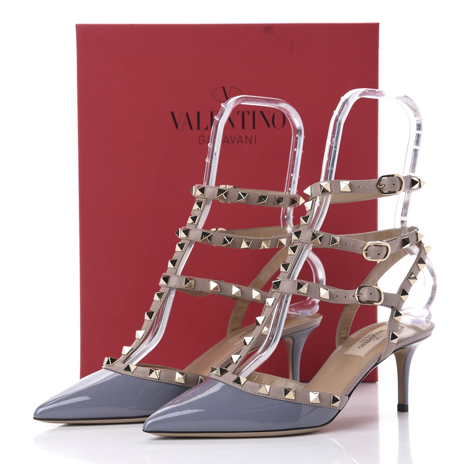 Valentino Garavani Patent Rockstud Ankle Strap Low Heel Pumps 37.5 Grey Poudre 10 of 10