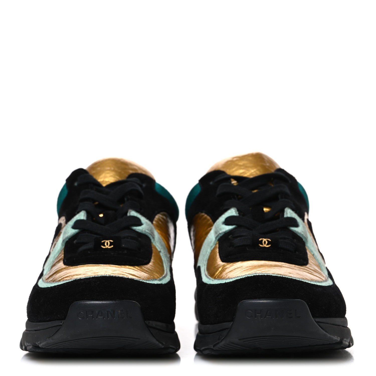 Chanel Fabric Calfskin Suede CC Womens Sneakers 39 Black Turquoise Gold 39 Black Turquoise Gold 3 of 10