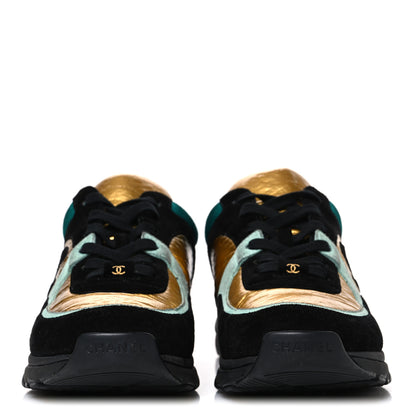 Chanel Fabric Calfskin Suede CC Womens Sneakers 39 Black Turquoise Gold 39 Black Turquoise Gold 3 of 10