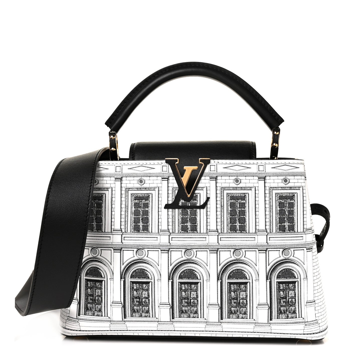X FORNASETTI Calfskin Architettura Capucines BB Black White
