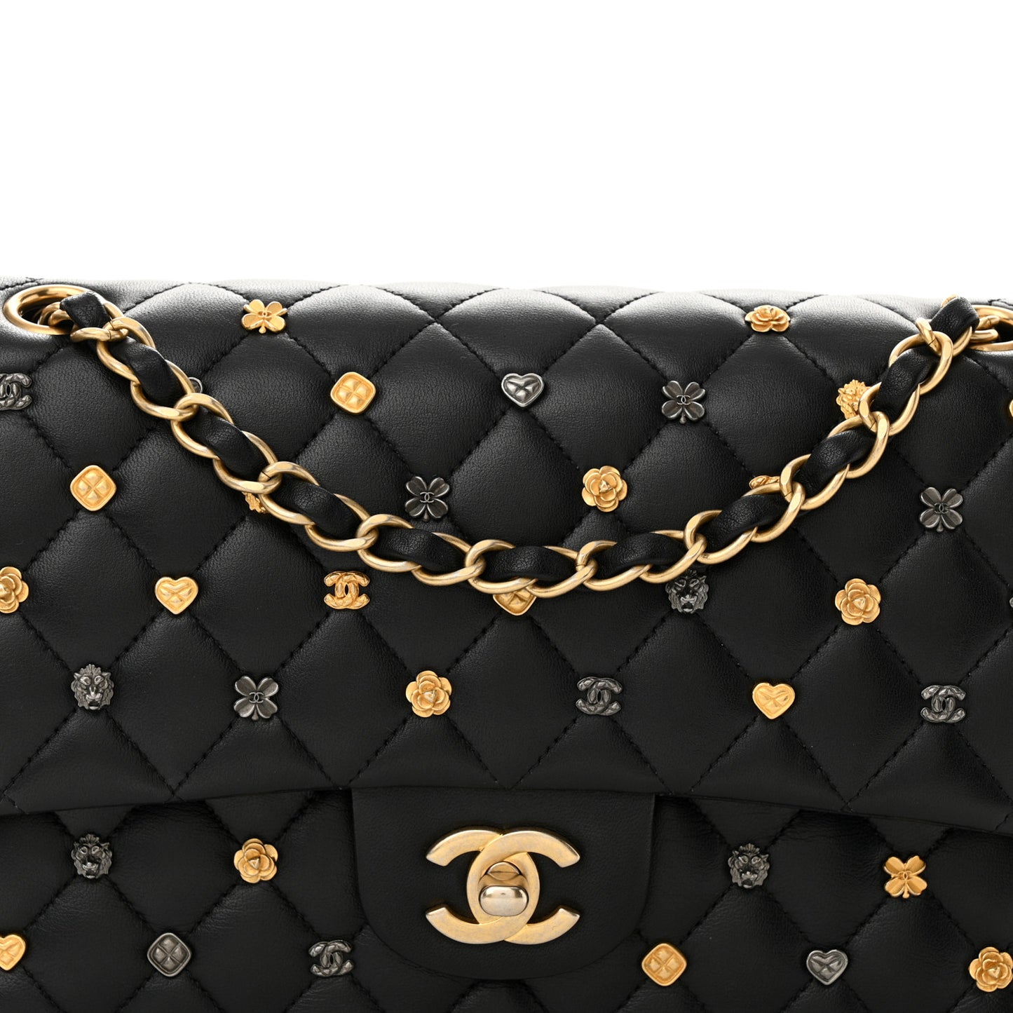 Lambskin Quilted Studded Medium Double Flap Black