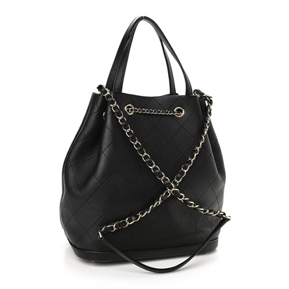 Chanel Calfskin Stitched Chain Top Handle Bucket Bag Black 3 of 9