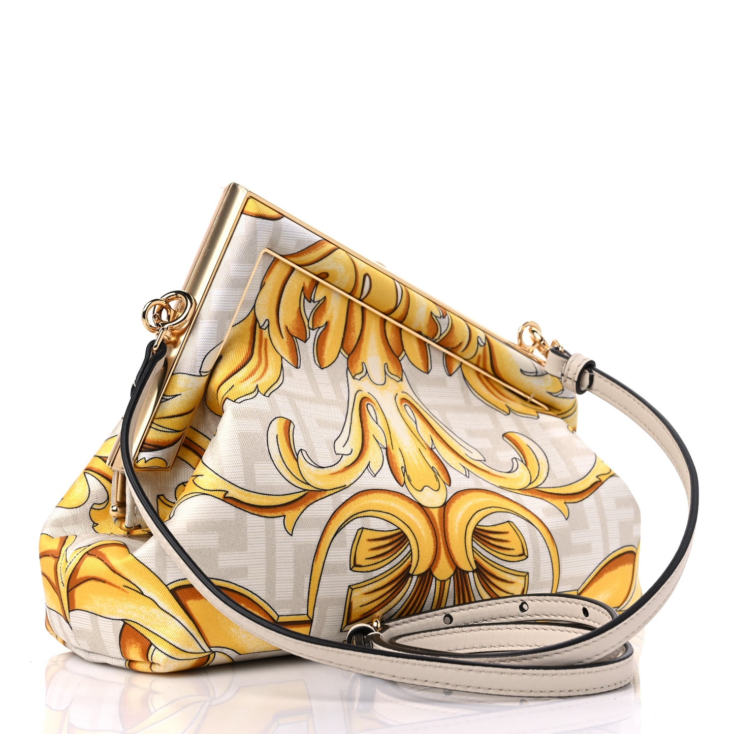 X VERSACE Silk Calfskin Fendace FF Baroque Print Medium Fendi First White Gold