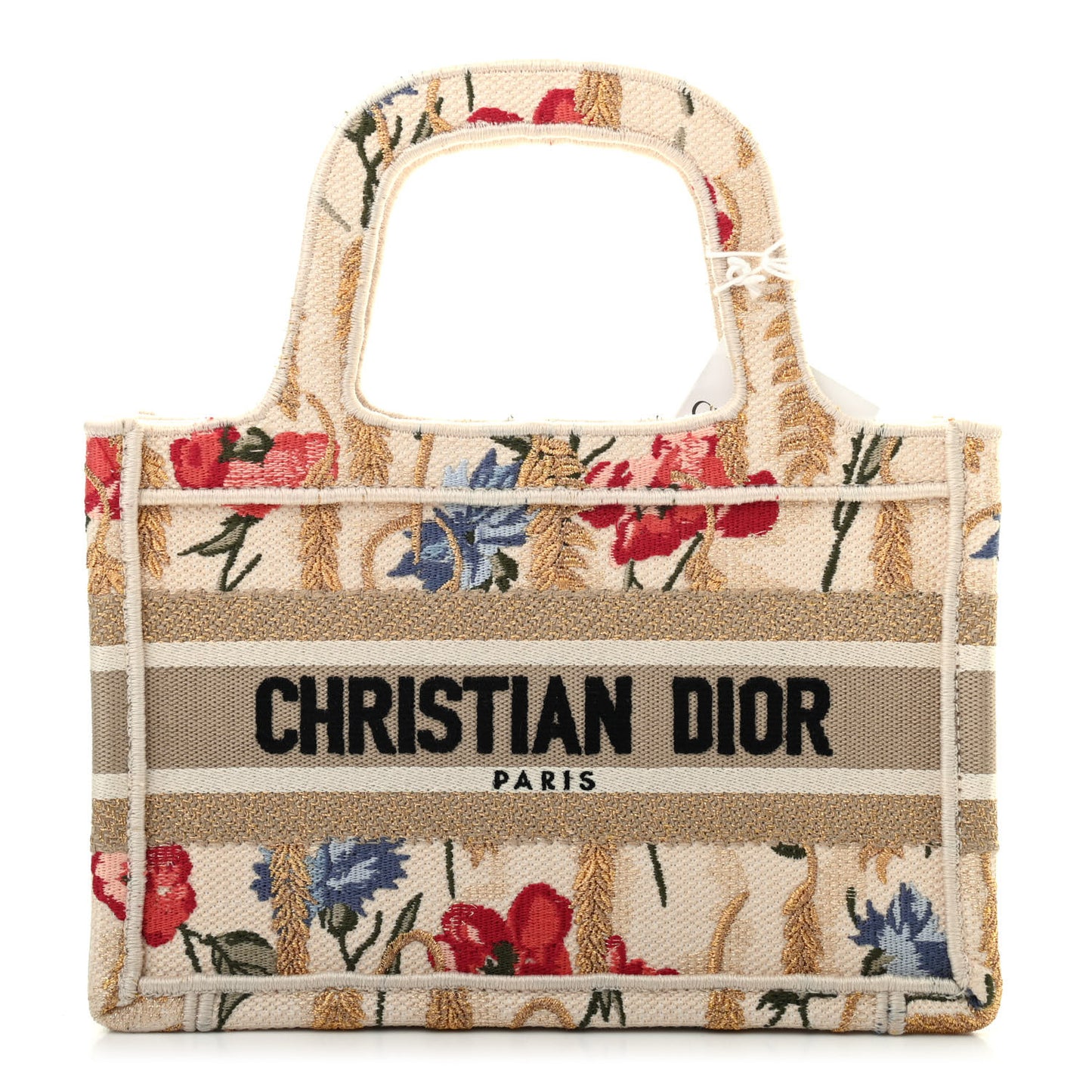 Canvas Embroidered Hibiscus Printed Mini Book Tote Beige Multicolor