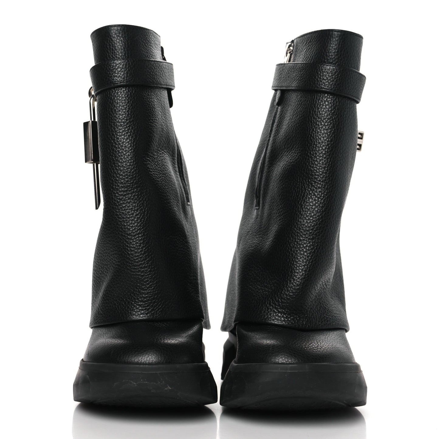 Grained Calfskin Shark Lock Biker Ankle Boots 36 Black