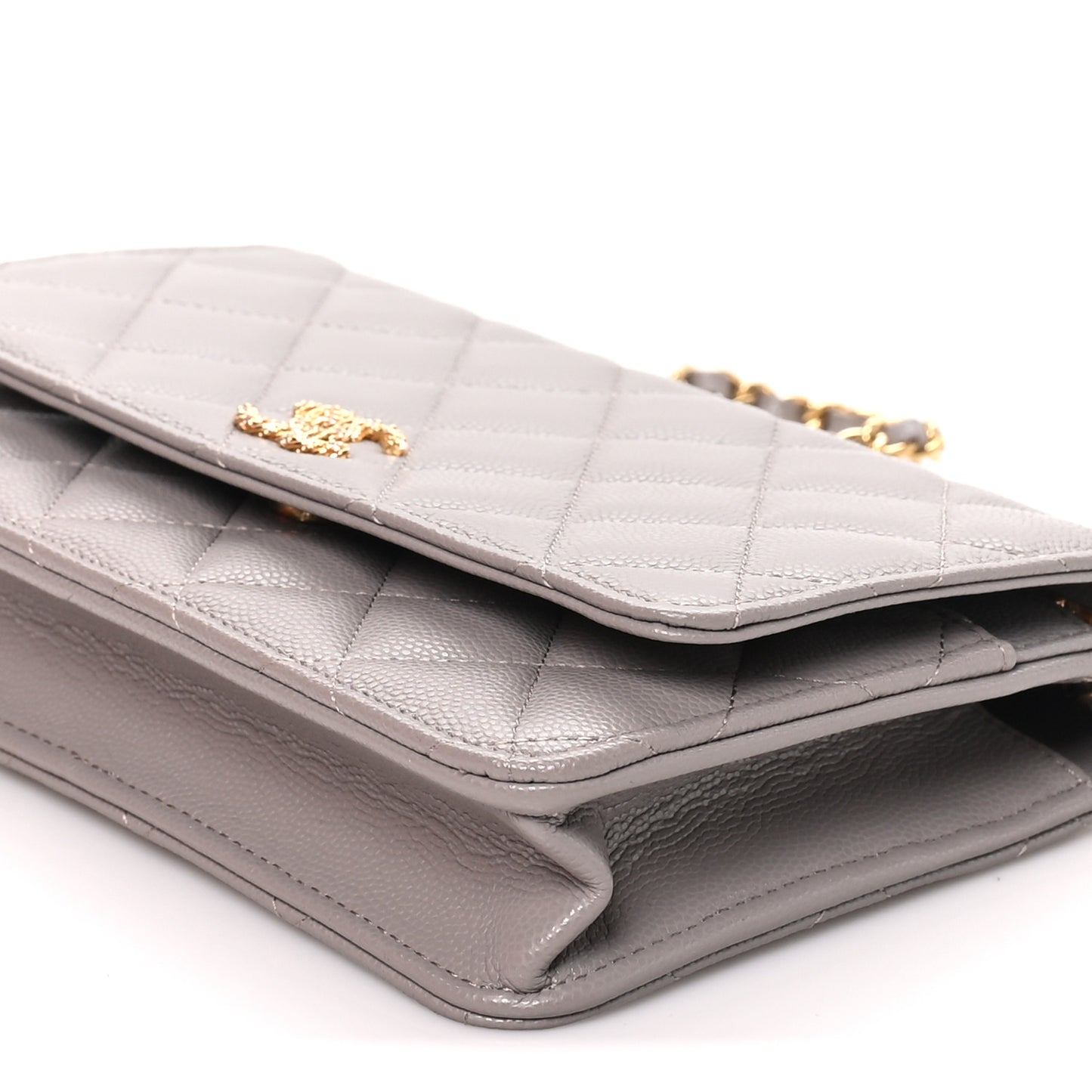 Grained Calfskin Quilted Strass CC Wallet On Chain WOC Dark Grey