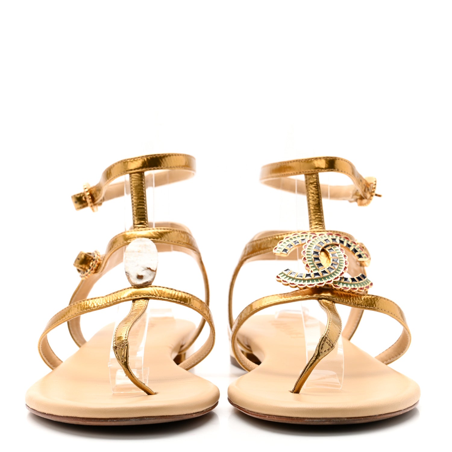 Chanel Laminated Lambskin Enamel CC Thong Sandals 38.5 Golden 3 of 10