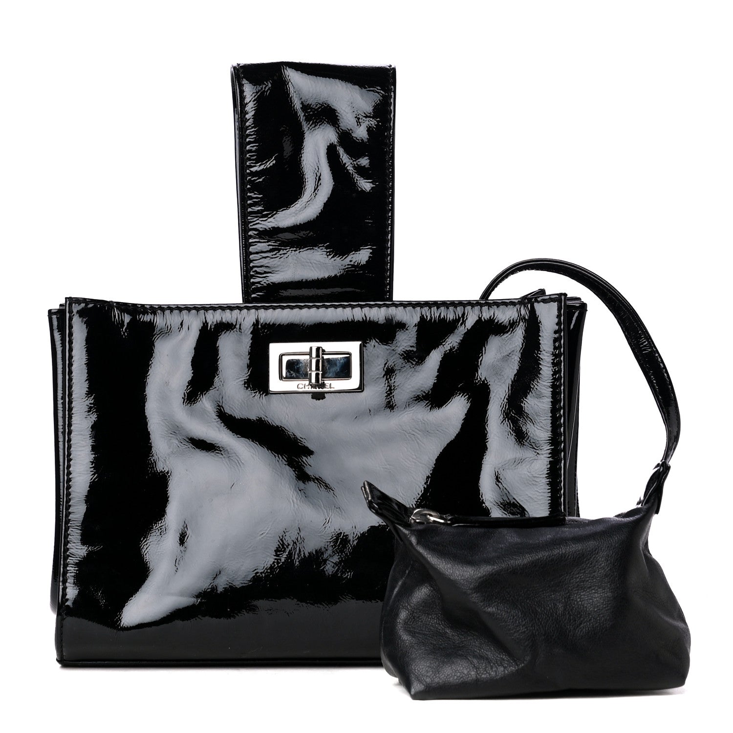 Chanel Patent Mademoiselle Lock Convertible Wrist Clutch Bag Black 1 of 6