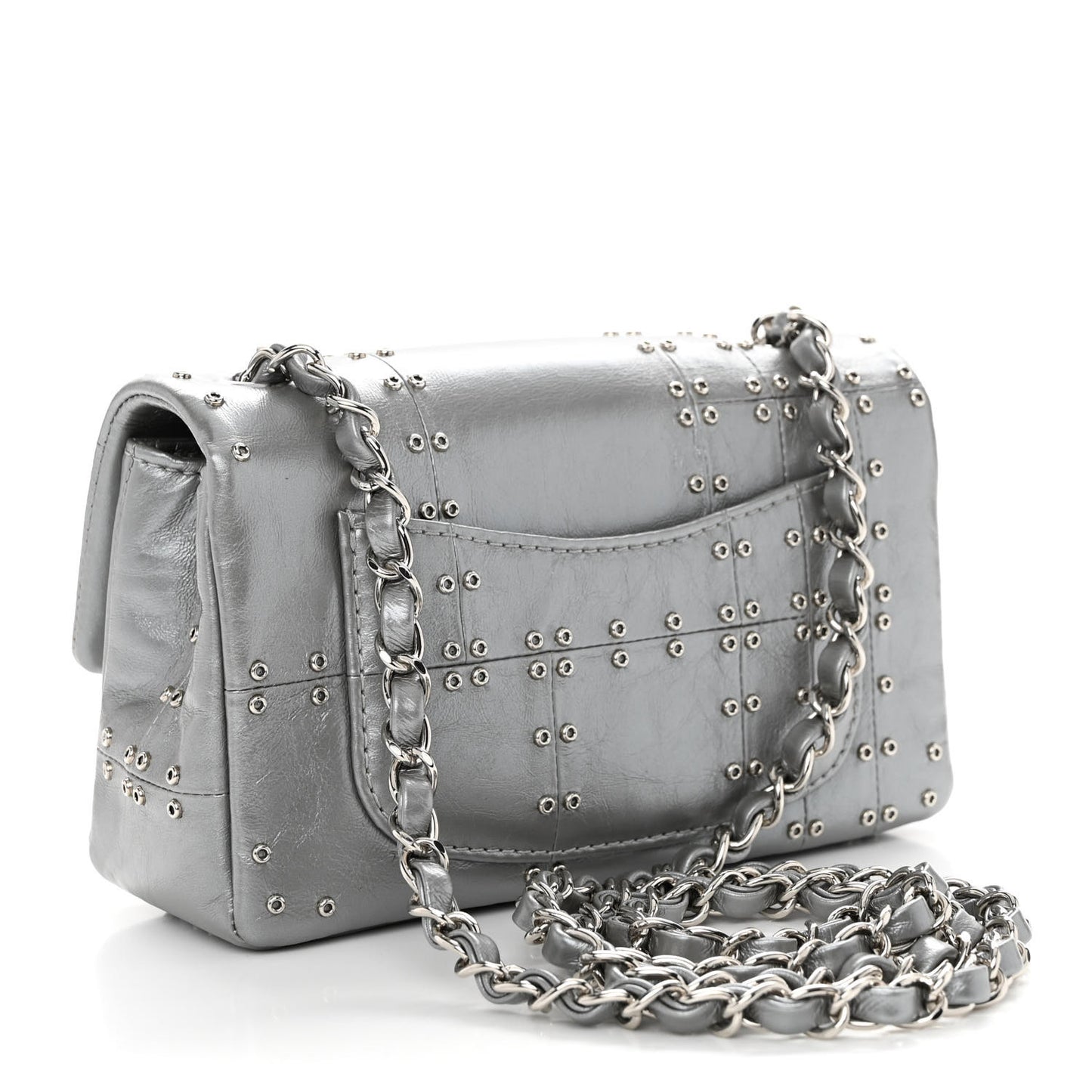 Glazed Calfskin Grommet Embellished Mini Airline Rectangular Flap Silver
