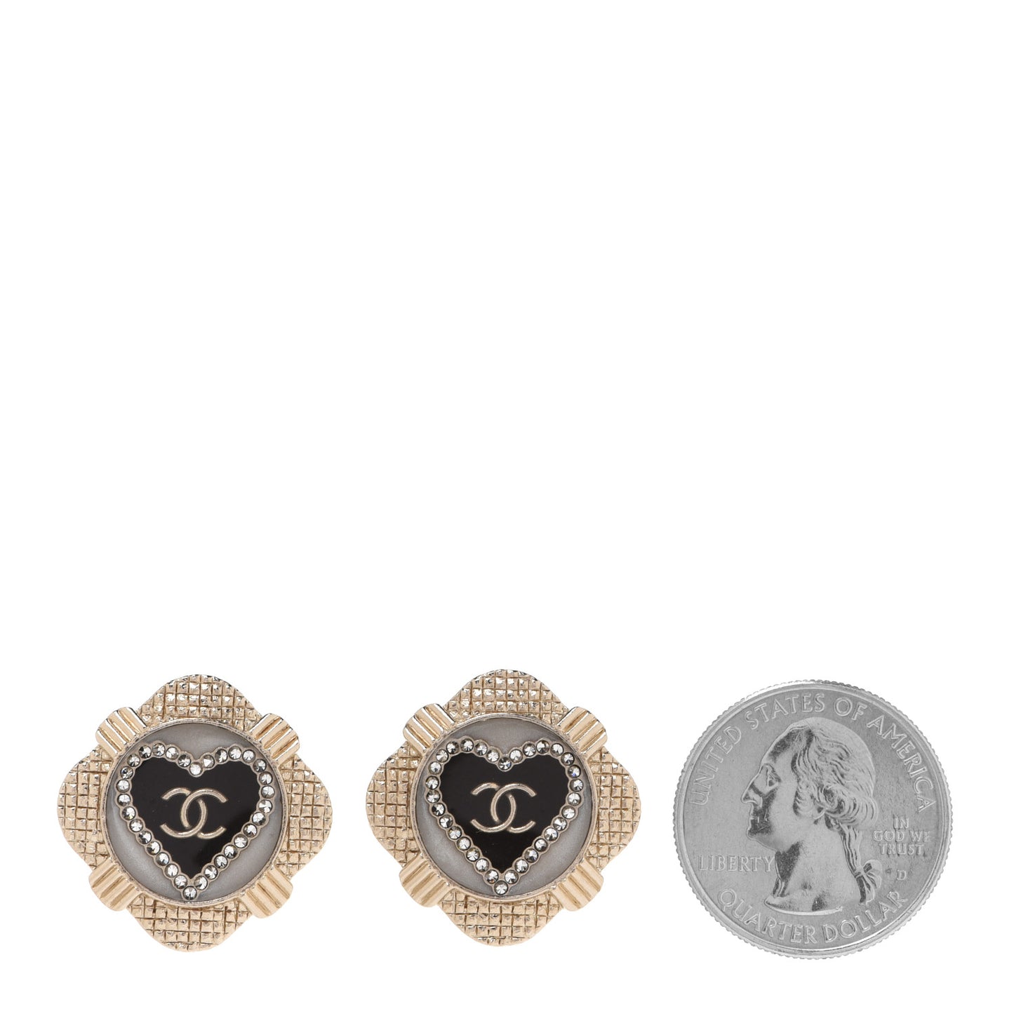 Resin Crystal Quilted CC Heart Earrings Gold Black
