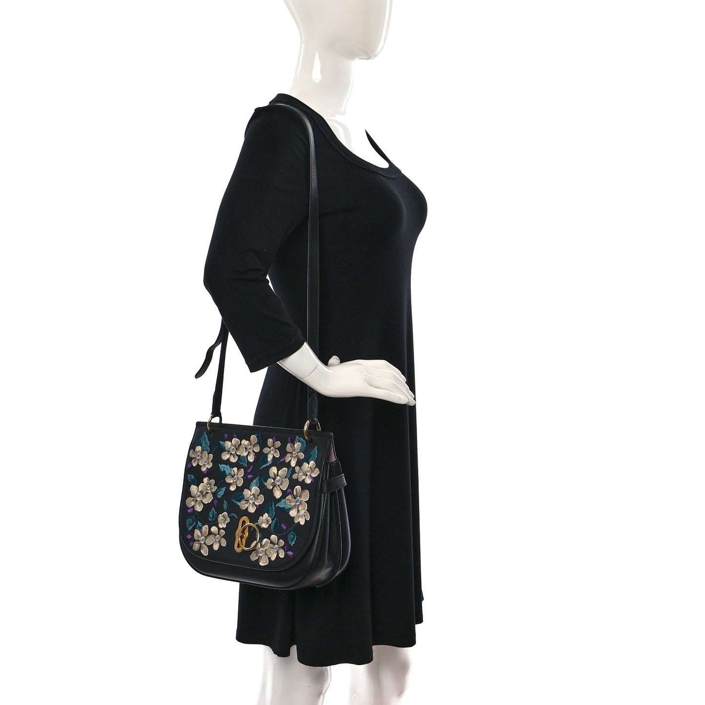 Classic Grain Calfskin Embroidered Floral Amberley Satchel Black
