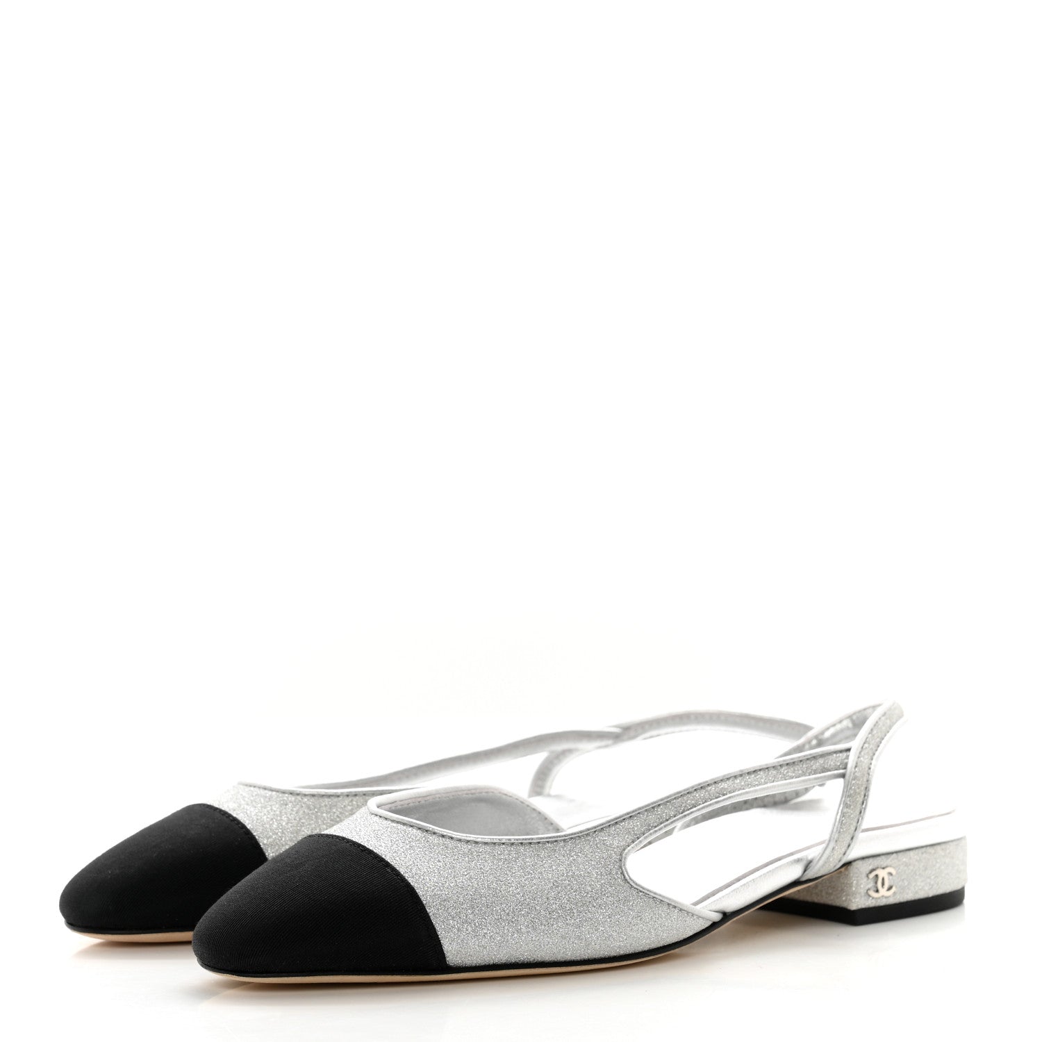 Chanel Glitter Calfskin Grosgrain CC Slingback Flats 37 Black Silver 3 of 9