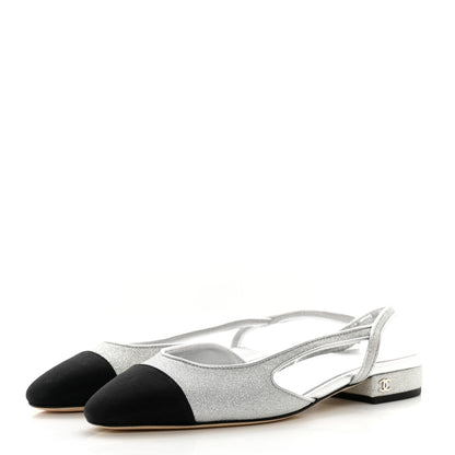 Chanel Glitter Calfskin Grosgrain CC Slingback Flats 37 Black Silver 3 of 9