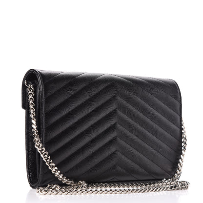Saint Laurent Grain De Poudre Matelasse Chevron Monogram Chain Wallet Black 3 of 11