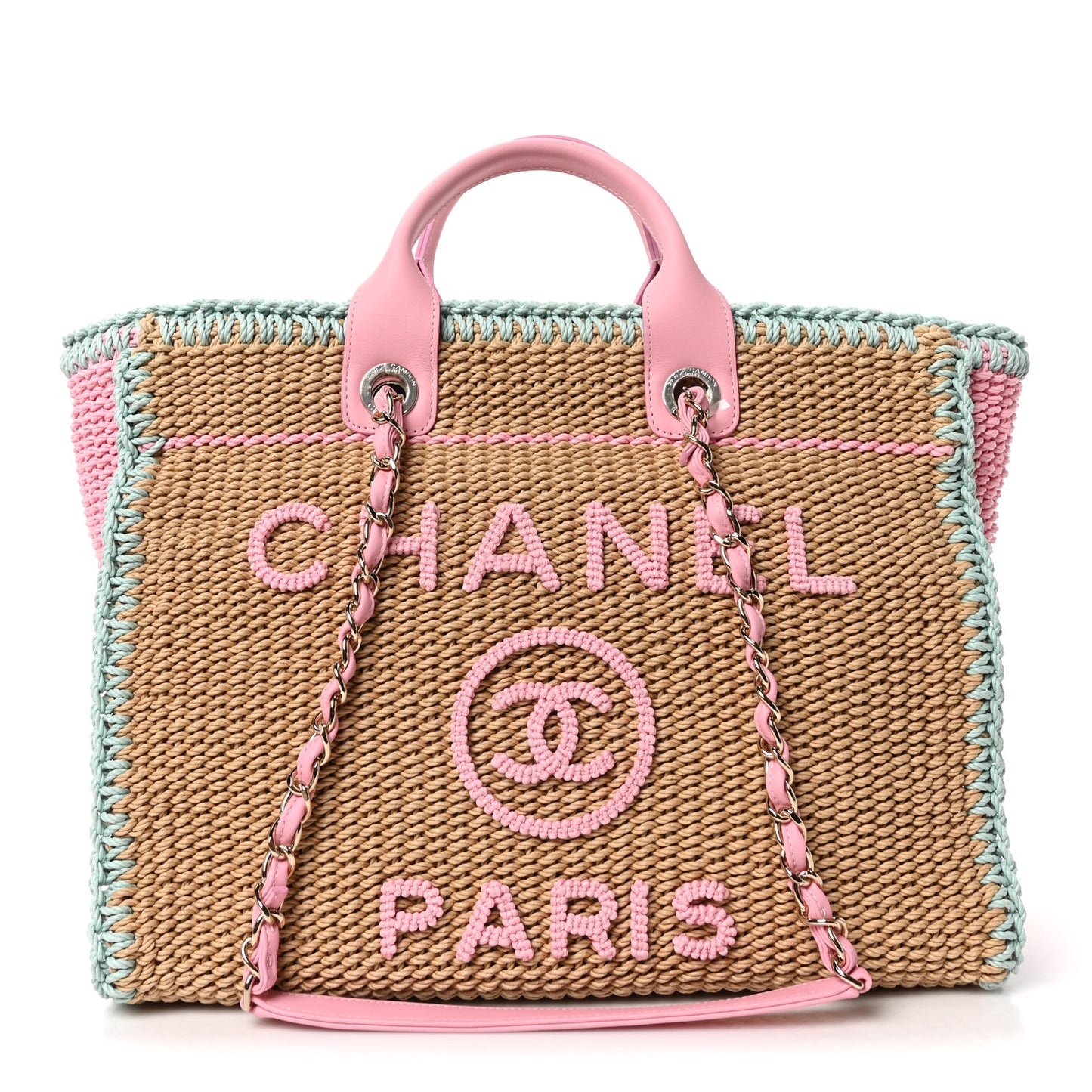 Raffia Crochet Medium Deauville Tote Beige Light Pink Green