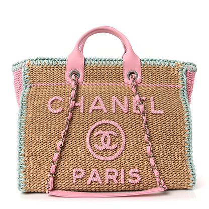 Chanel Raffia Crochet Medium Deauville Tote Beige Light Pink Green 1 of 11