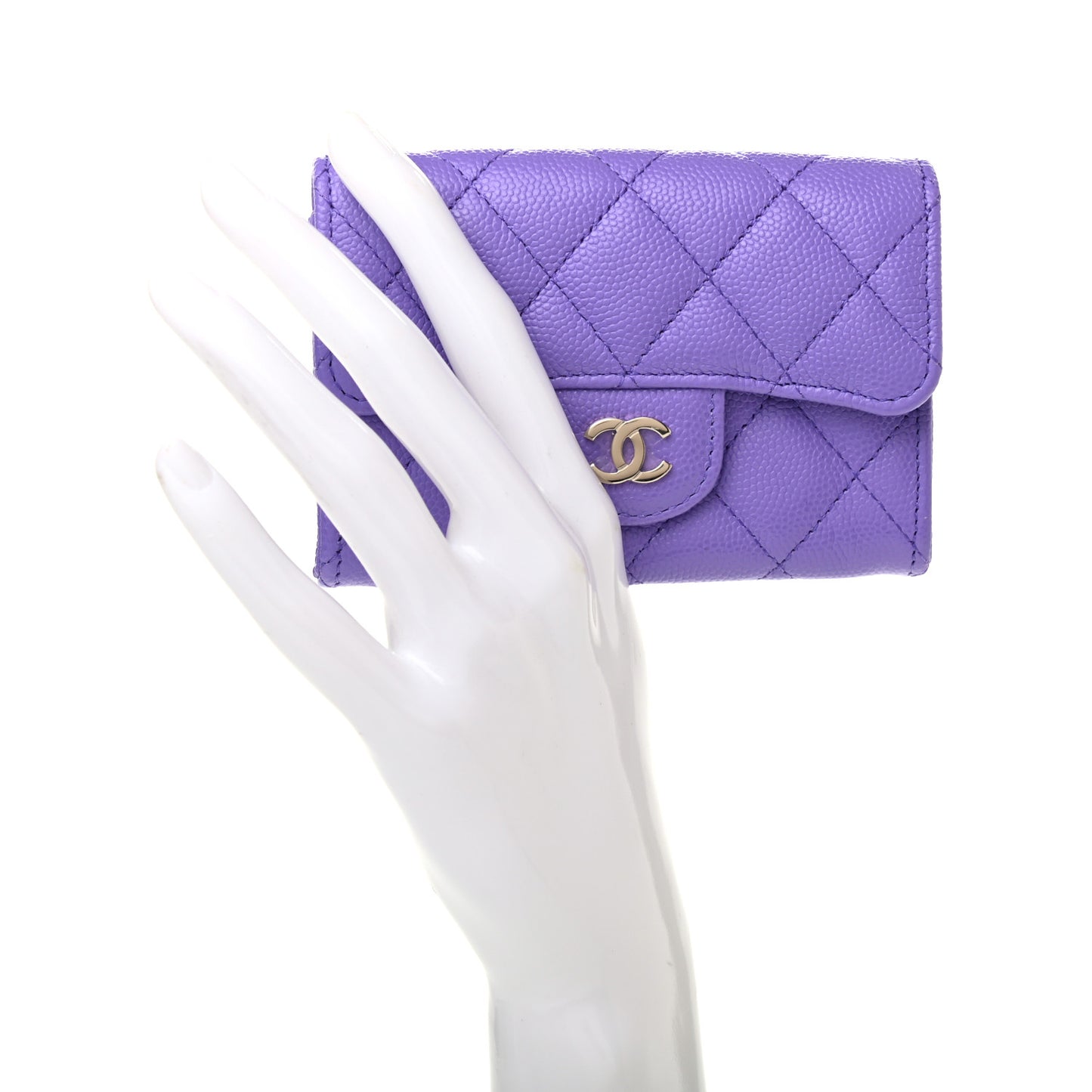 Caviar Quilted Flap Card Holder Wallet Purple