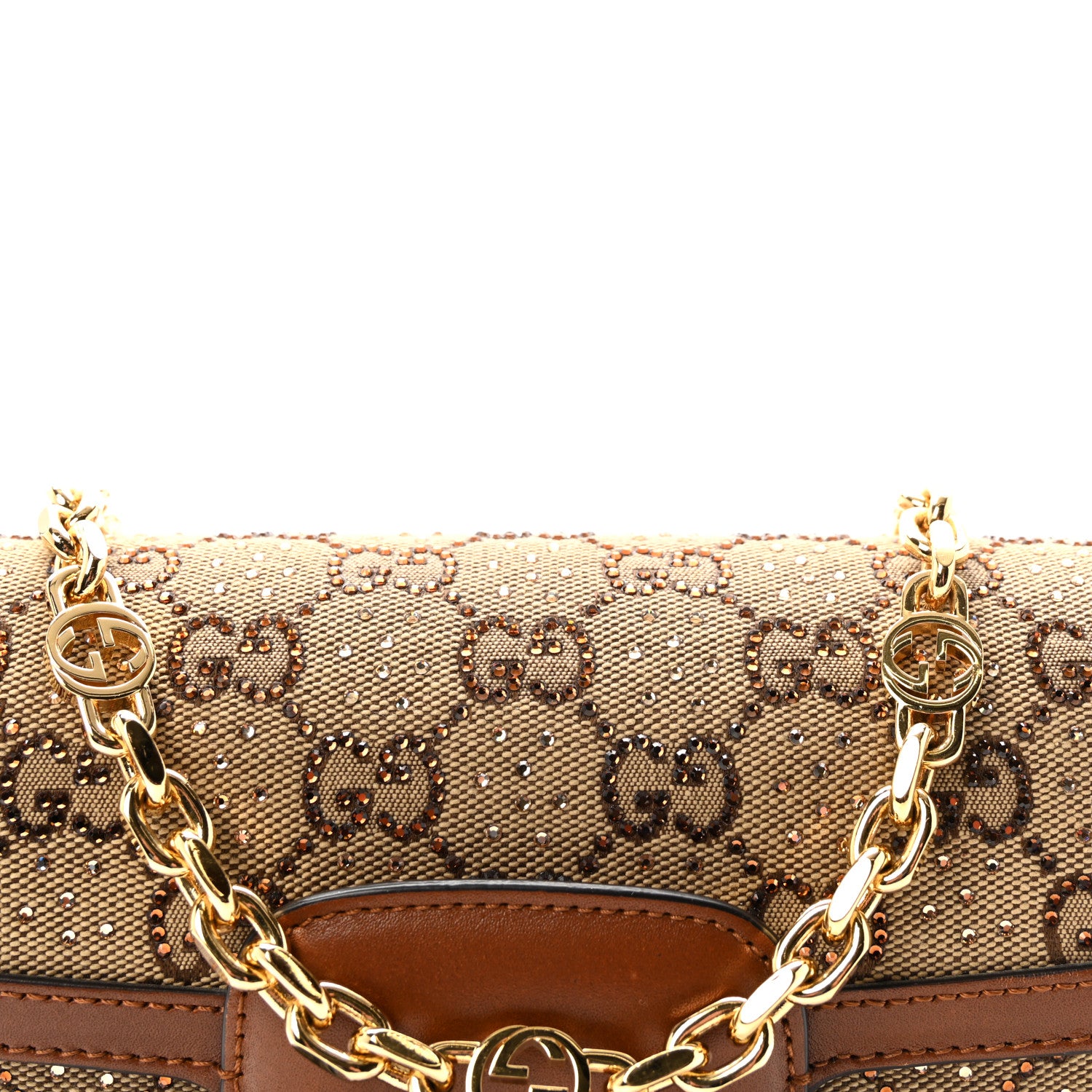Gucci New Canvas Charisma Calfskin Crystal GG Monogram Mini Horsebit 1955 Shoulder Bag Camel Ebony 8 of 11