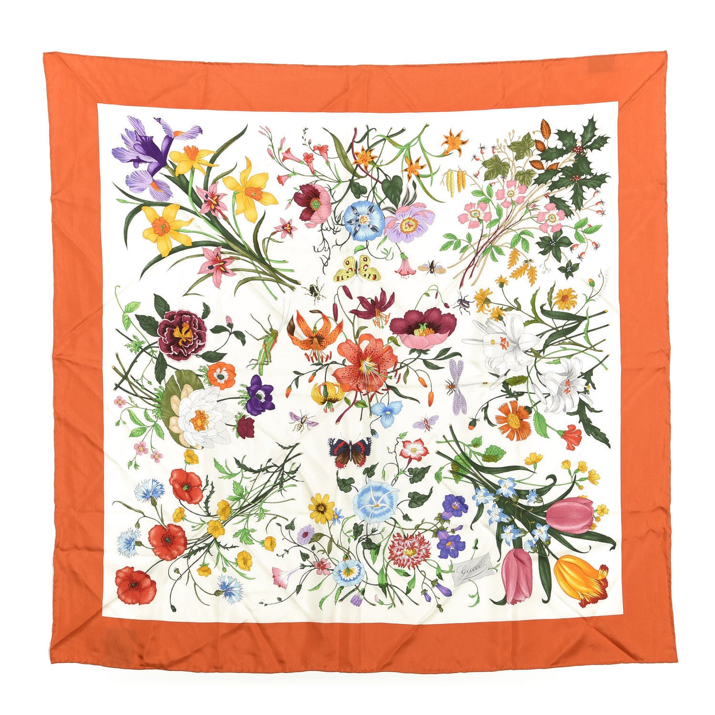 Silk Twill Flora Fluo Square Scarf Ivory Orange