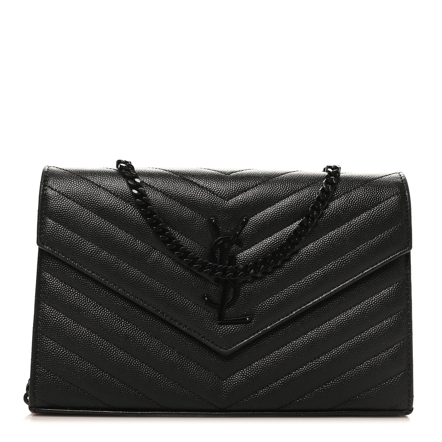 Saint Laurent Grain De Poudre Matelasse Chevron Monogram Monochrome Chain Wallet Black 1 of 9