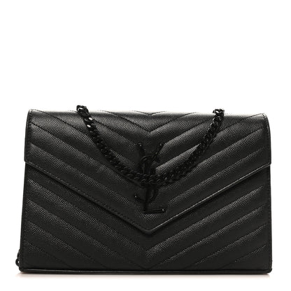 Saint Laurent Grain De Poudre Matelasse Chevron Monogram Monochrome Chain Wallet Black 1 of 9