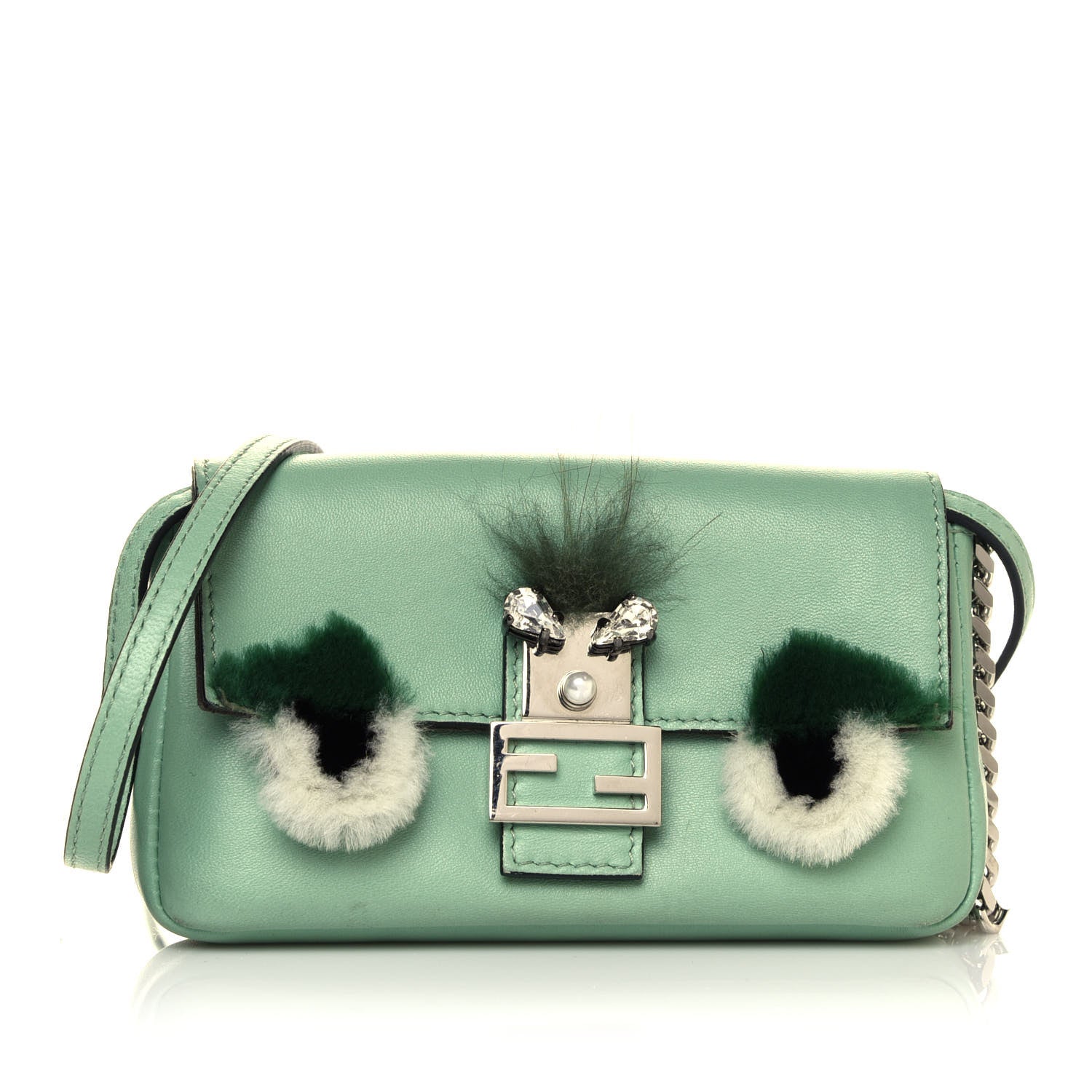 Fendi Nappa Rabbit Fox Fur Micro Buggie Baguette Verde Acqua 1 of 5