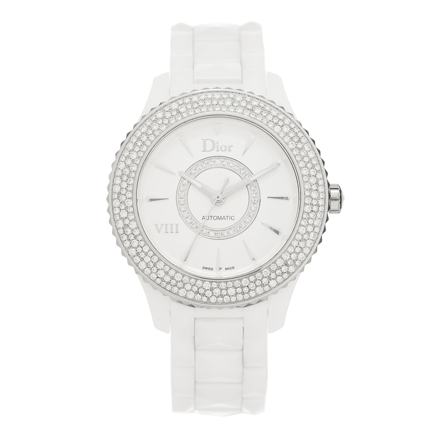 Stainless Steel Ceramic Diamond Pave Bezel Mother of Pearl 38mm Dior VIII Automatic Watch White