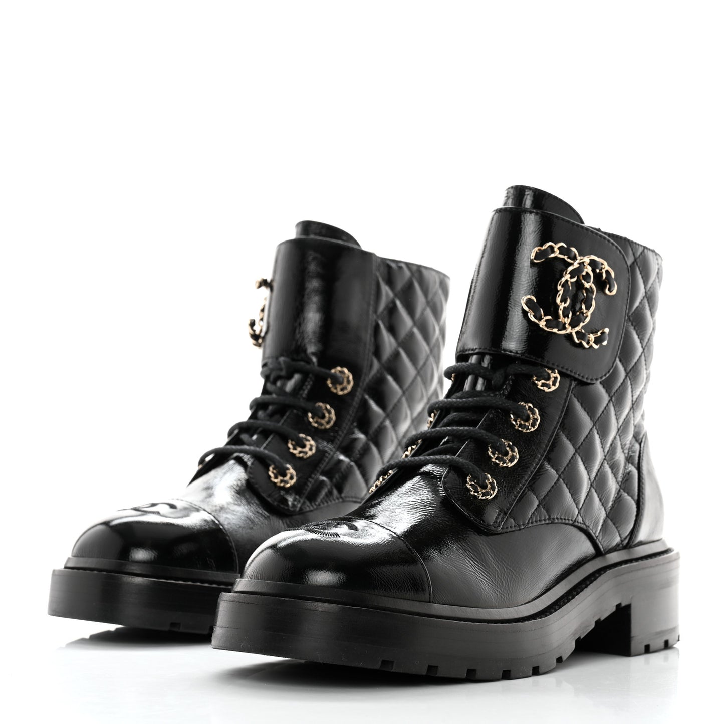 Shiny Goatskin Calfskin Quilted Lace Up Combat Boots 37 Black