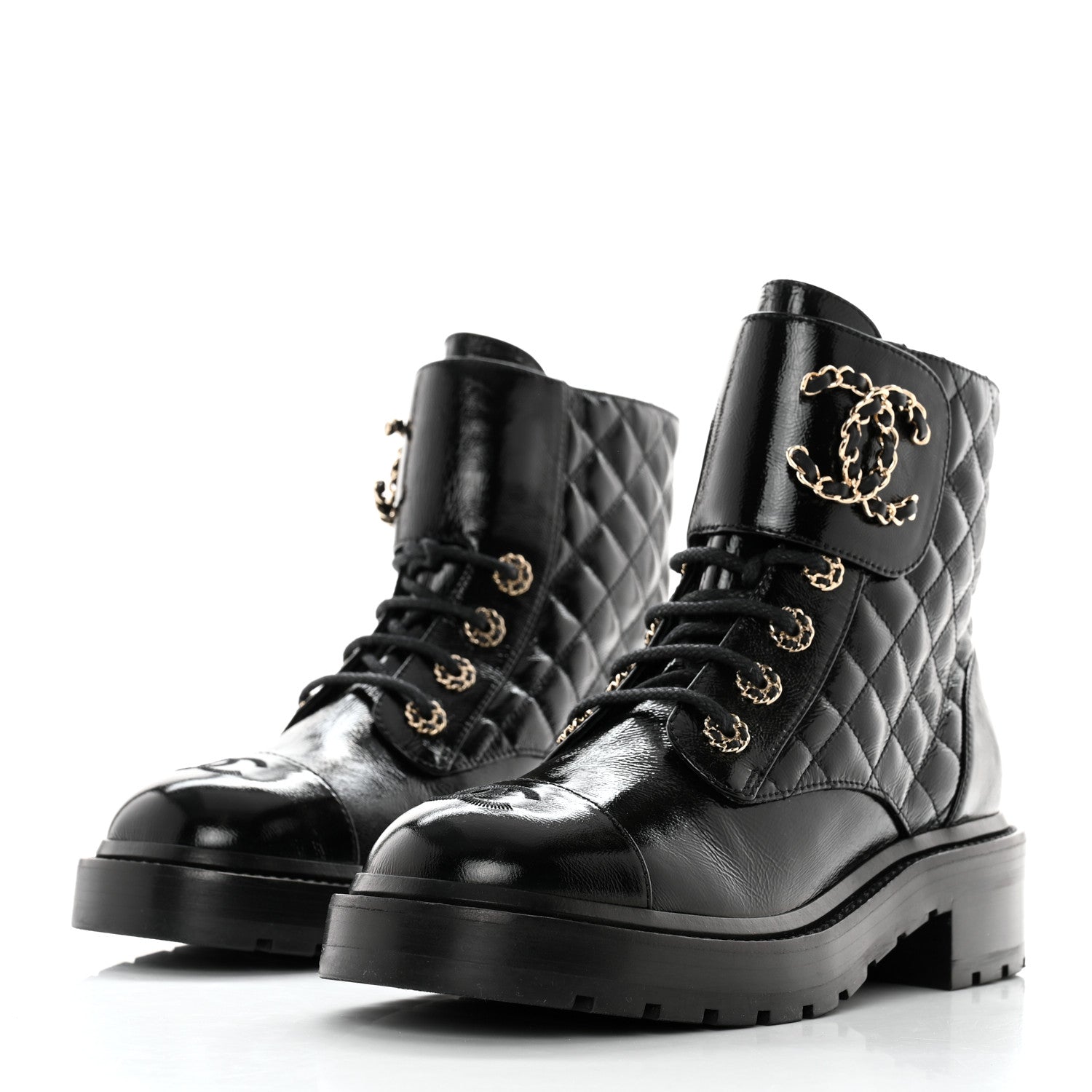 Chanel Shiny Goatskin Calfskin Quilted Lace Up Combat Boots 37 Black 3 of 11