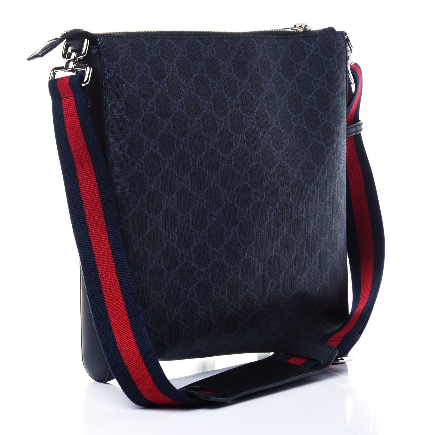 GG Supreme Monogram Appia Calfskin Web Flat Messenger Bag Black Grey