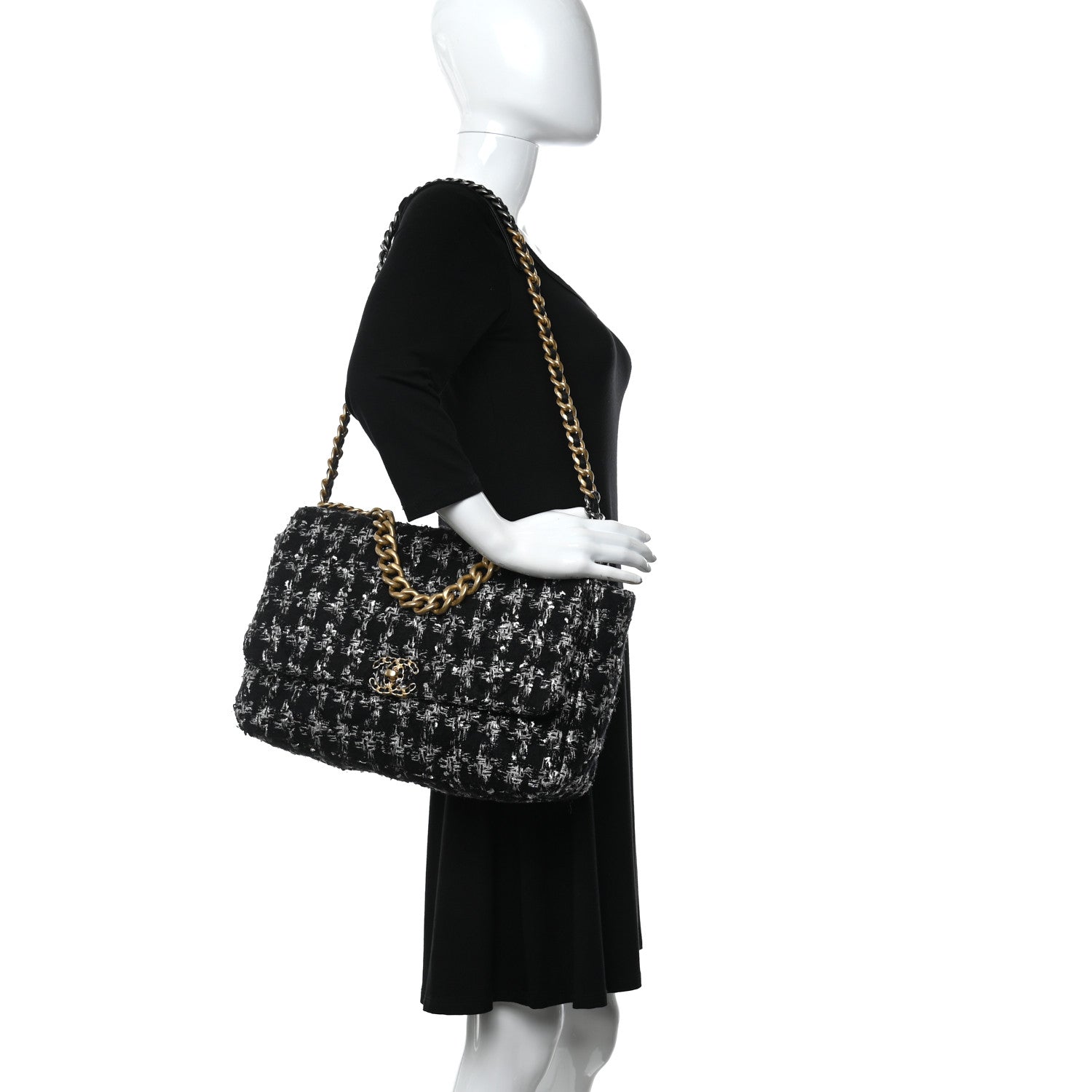 Chanel Tweed Quilted Maxi Chanel 19 Flap Black Silver Ecru 2 of 11