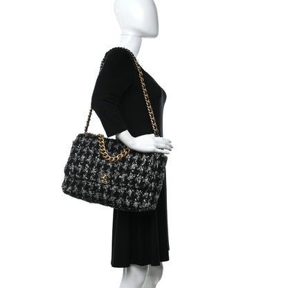 Chanel Tweed Quilted Maxi Chanel 19 Flap Black Silver Ecru 2 of 11