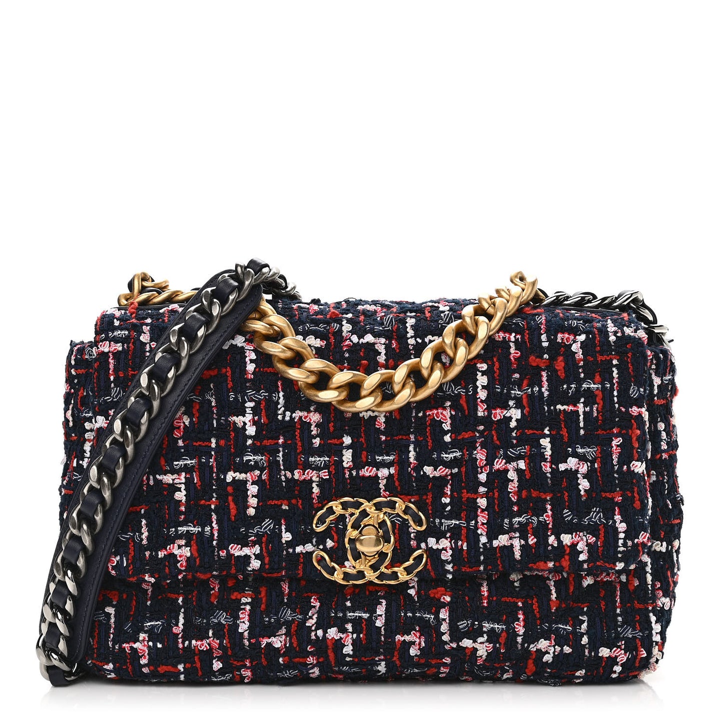 Tweed Quilted Medium Chanel 19 Flap Navy Blue White Red