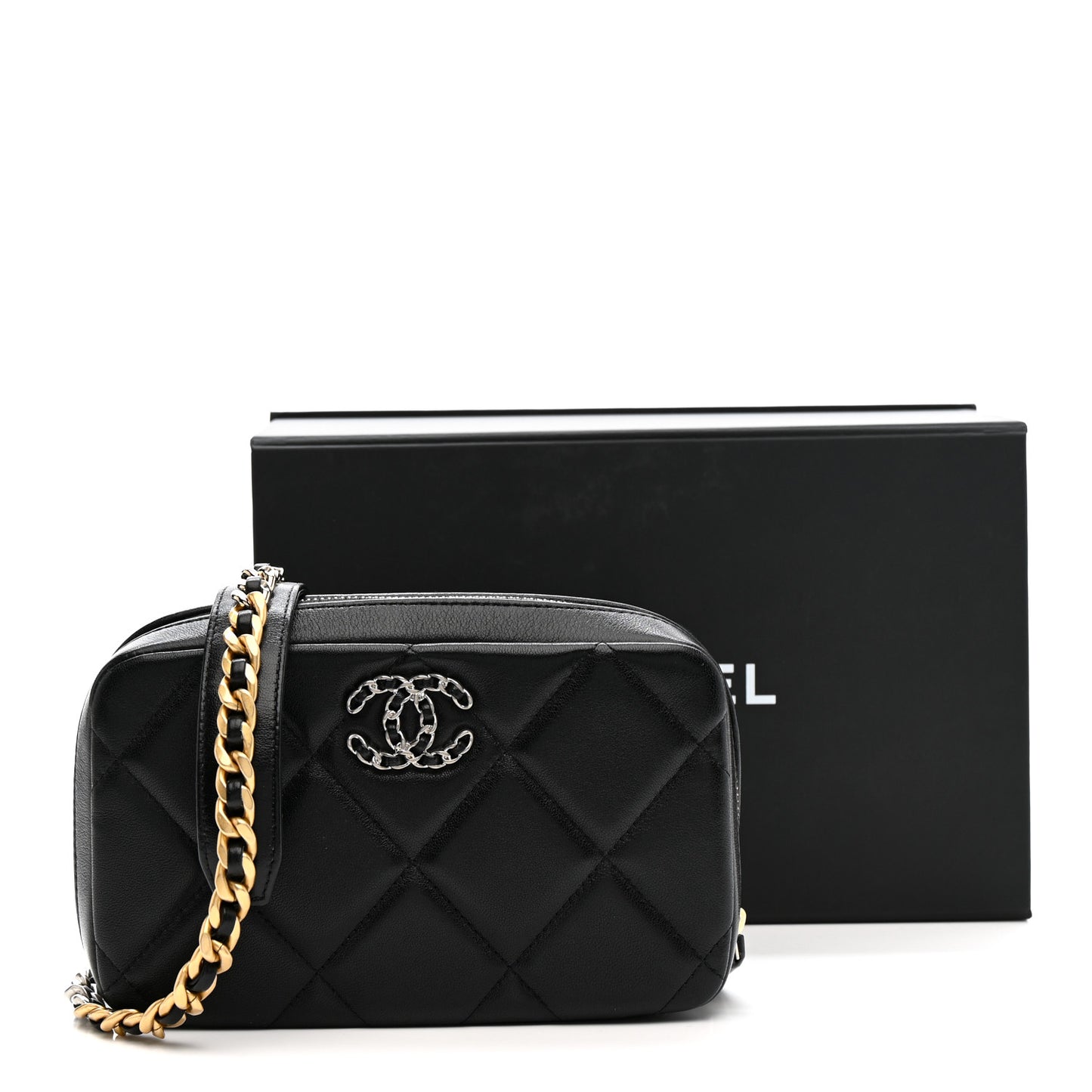 Goatskin Quilted Chanel 19 Camera Crossbody Case Black